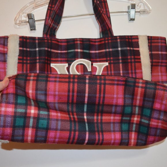 VS Victoria's Secret Distr. Polyester Tote Plaid Red-Black-Green Hand Bag Large - Picture 3 of 8